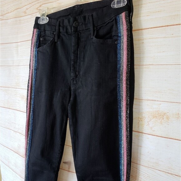 Mother High Waist Looker Ankle Fray Guilty Glitter Racer Skinny Jeans Black - Picture 6 of 13